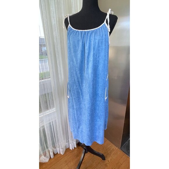 Vintage 80s robe, blue terrycloth, sleeveless coverup, Sears - Picture 1 of 8